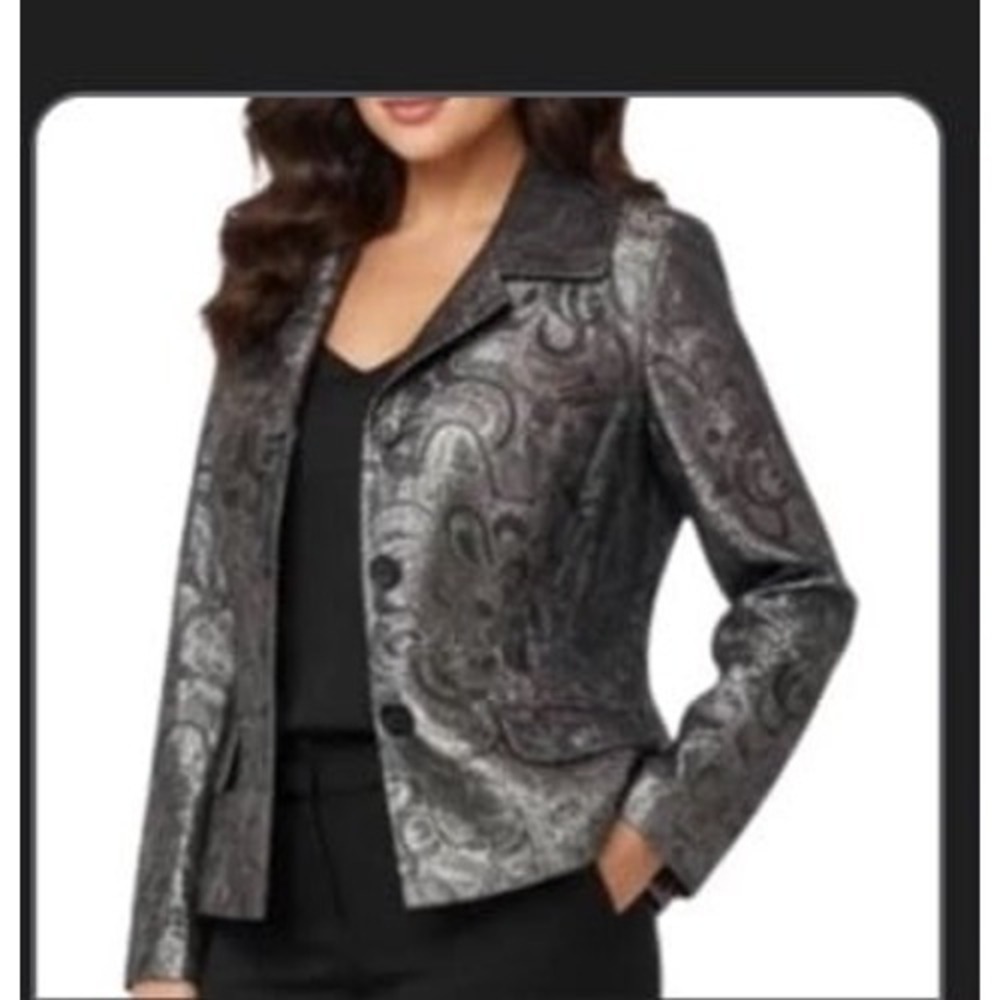 Chico's black and silver metallic paisley jacquard‎ blazer lightweight size 1
